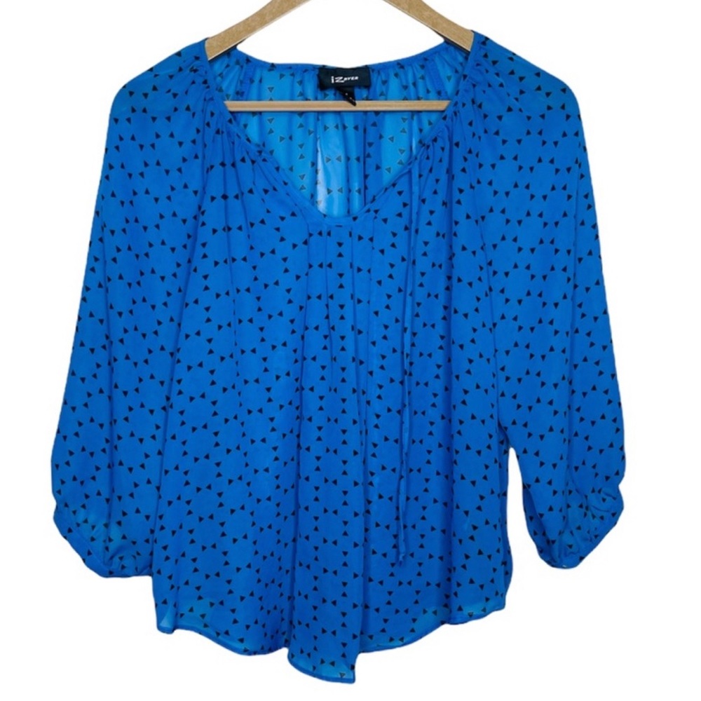 IZ Byer Royal Blue & Black Triangle Tie Neckline Sheer Blouse M